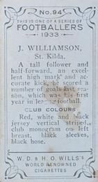 1933 Wills's Victorian Footballers (Small) #94 Jim Williamson Back